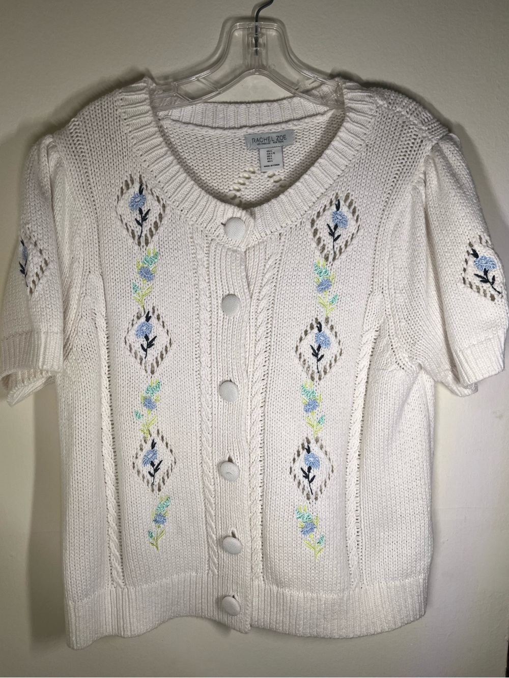 Rachel Zoe White Short-Sleeve Knit Cardigan with Pastel Embroidery